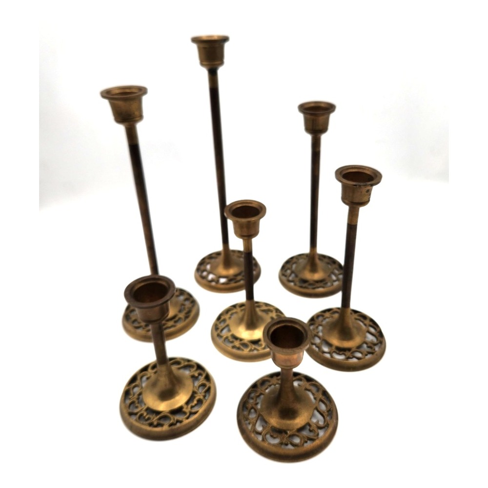 Vintage Skinny Brass Candlesticks Matched Set Of 7 Original Patina